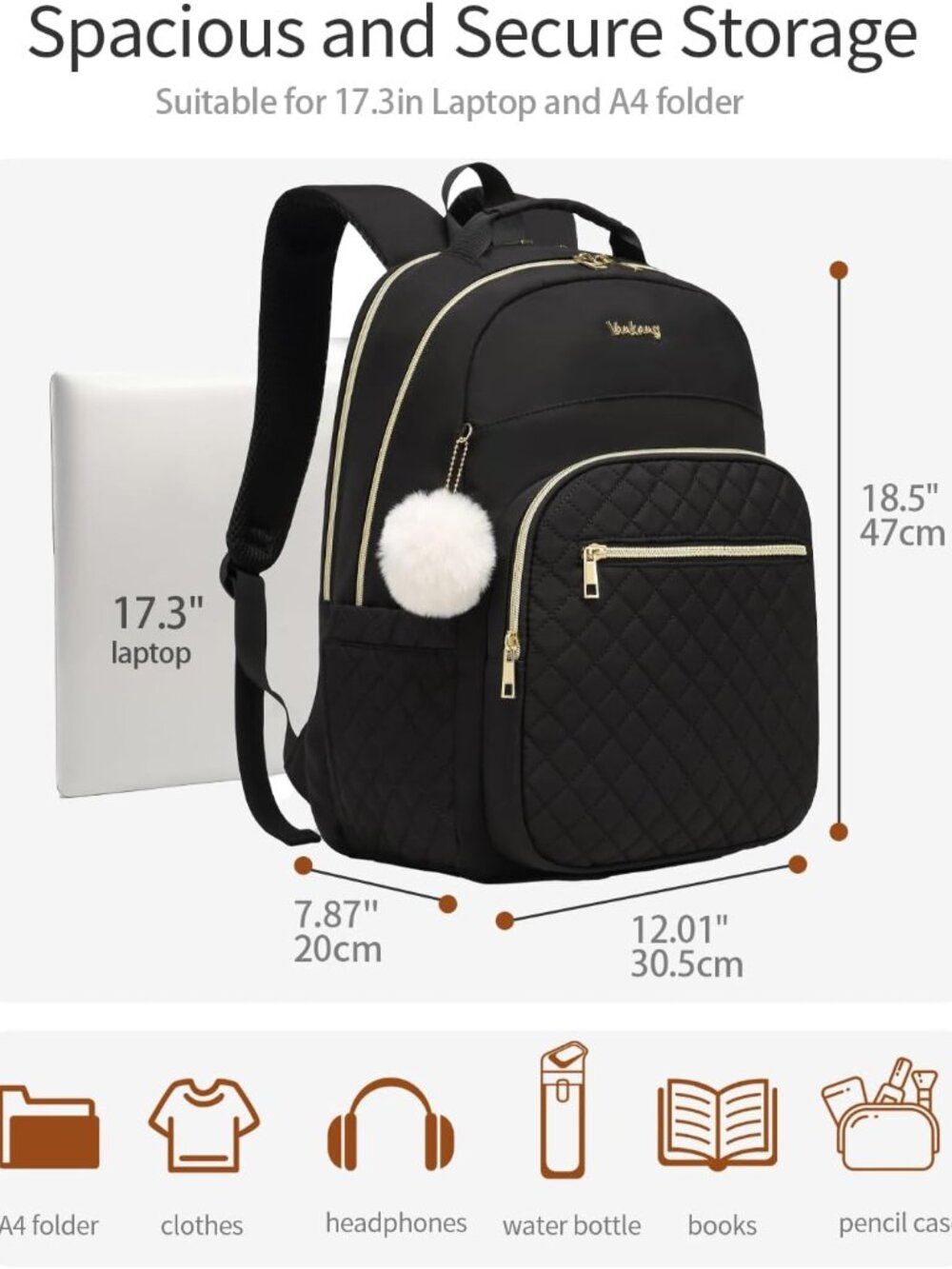 17.3in Laptop Backpack with Charging Hole for Women Girls, Water Resistant Quilt - Picture 3 of 7